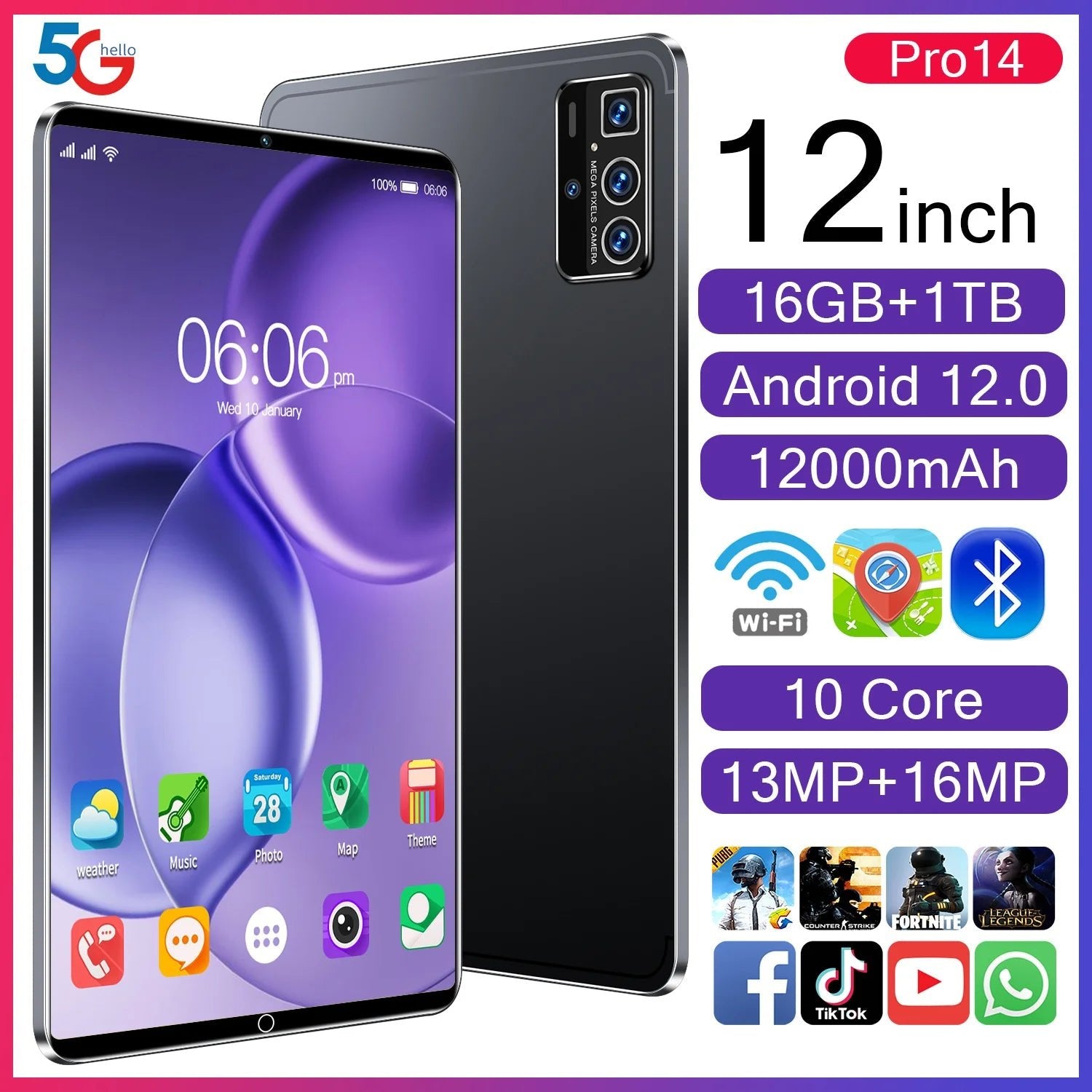 12 Inch Tablet Pc 16gb Octa Core Android 12 Mtk 2.0ghz Processor 4g 5g Wifi Android Kids Entertainment Wifi Tablet Pc Camera - RyglobalEstore