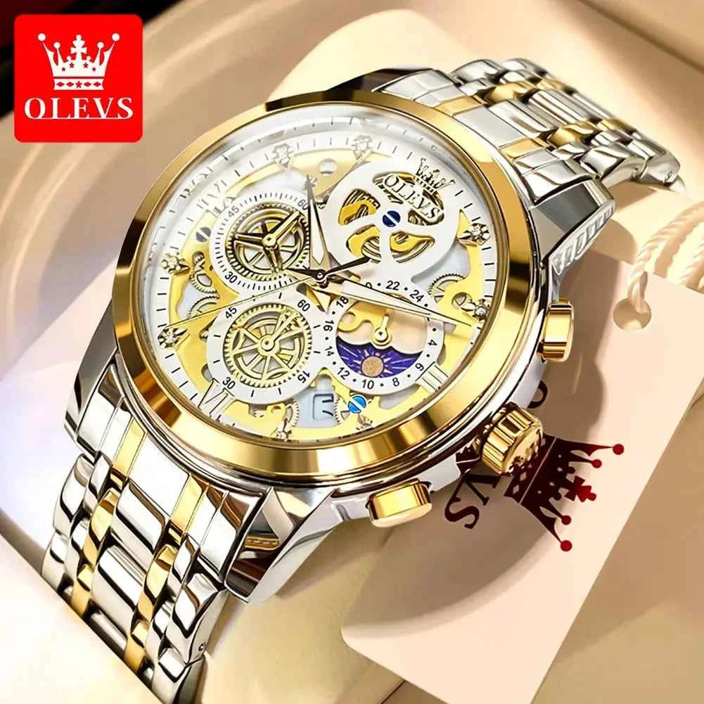 OLEVS Luxe Skeleton Gold Men's Waterproof Quartz Watch - Ryglobalstore