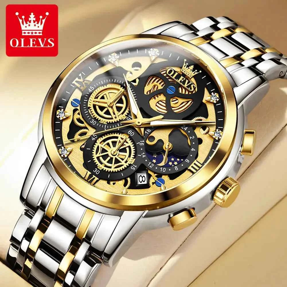 OLEVS Luxe Skeleton Gold Men's Waterproof Quartz Watch - Ryglobalstore
