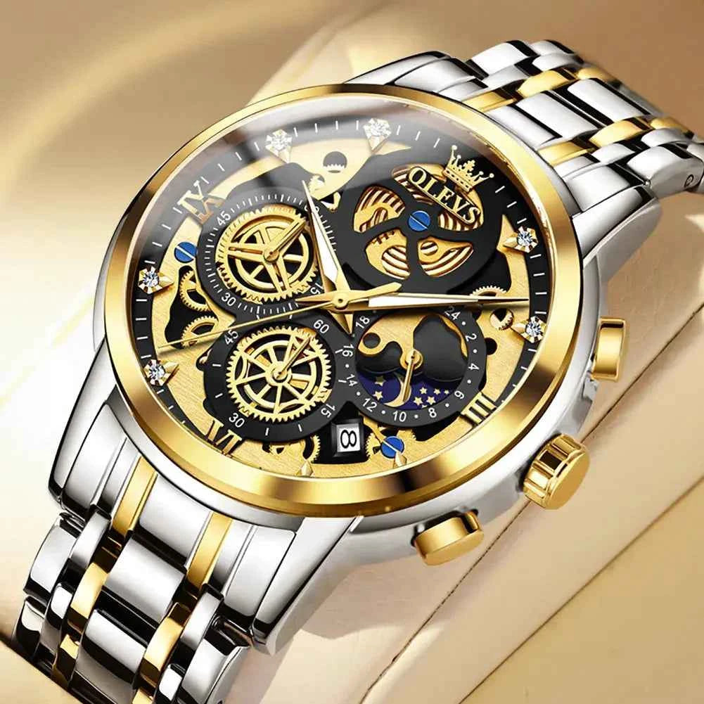 OLEVS Luxe Skeleton Gold Men's Waterproof Quartz Watch - Ryglobalstore
