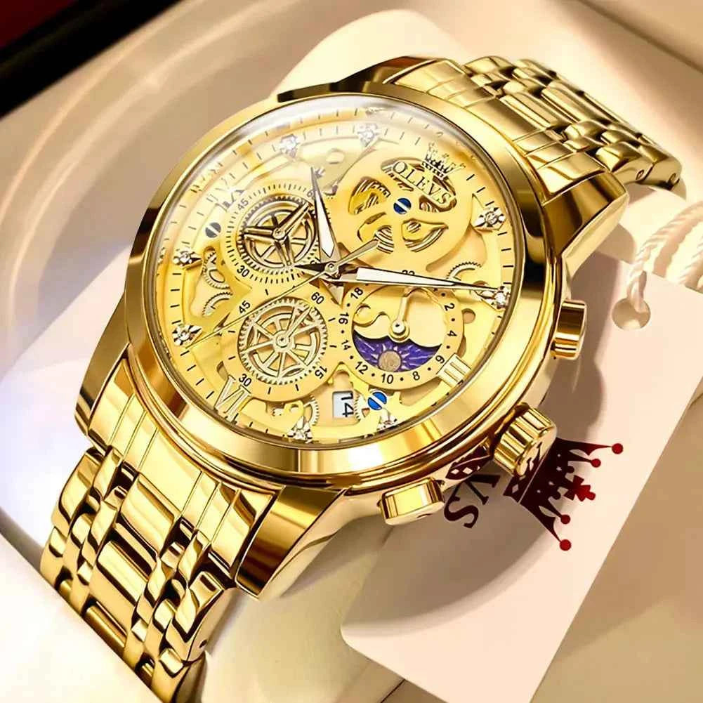 OLEVS Luxe Skeleton Gold Men's Waterproof Quartz Watch - Ryglobalstore