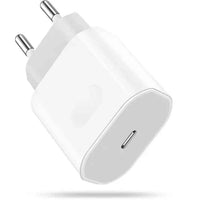 White USB-C wall charger with two prongs, rounded edges, and a smooth finish.