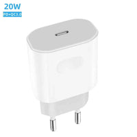 White 20W USB-C wall charger with two prongs, labeled "PD+QC3.0" in blue text.