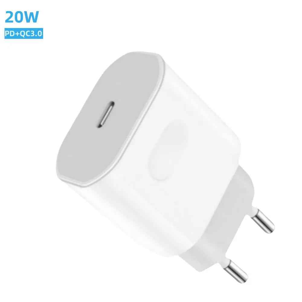 White USB charger with two metal prongs and a USB-C port, labeled “20W PD+QC3.0” in blue.