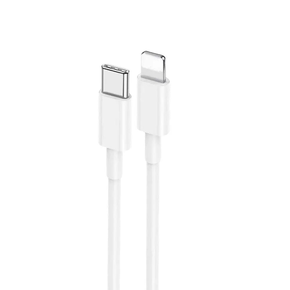 White USB-C and Lightning cables on a plain white background, close-up view of connectors.