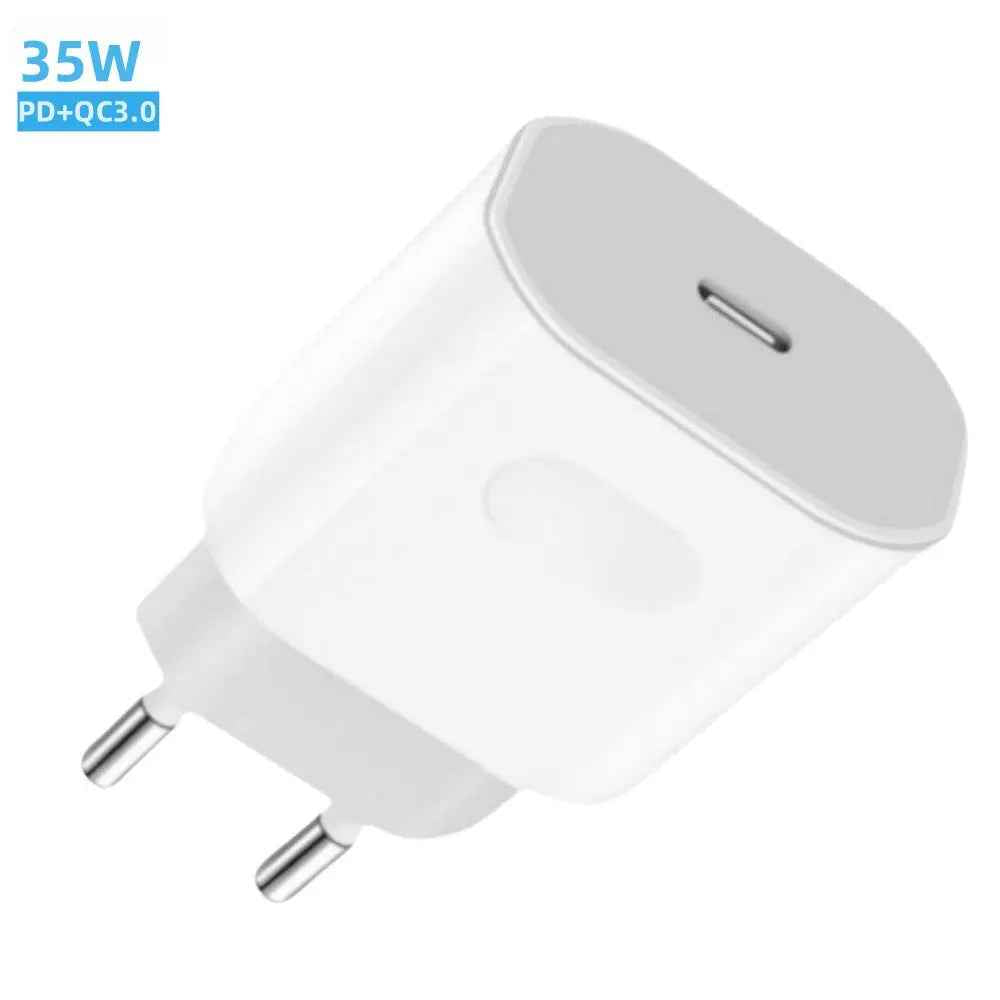 White 35W USB-C charger with two silver prongs and "PD+QC3.0" text on a blue label.