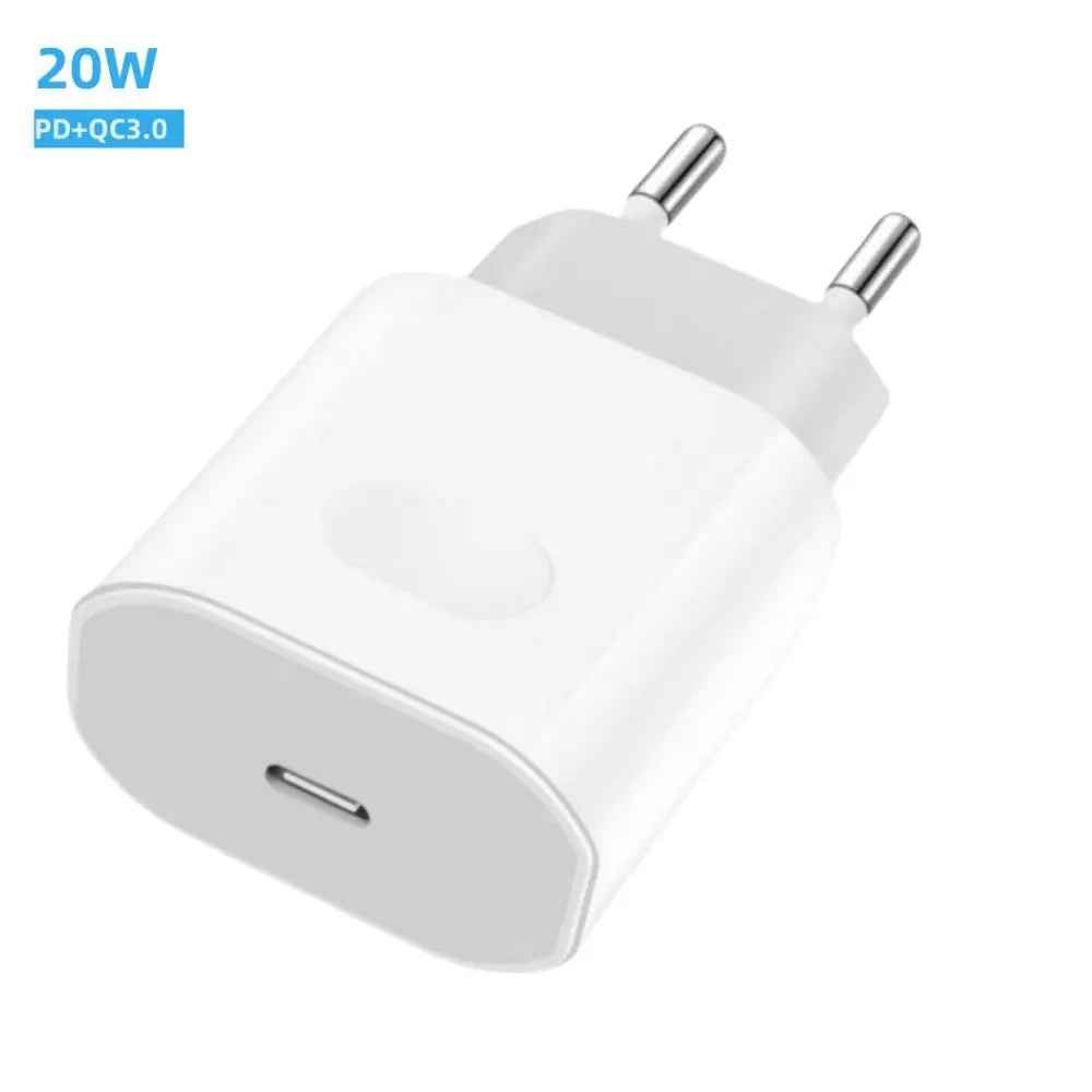 White 20W USB-C wall charger with two metallic prongs, labeled PD+QC3.0 in blue.