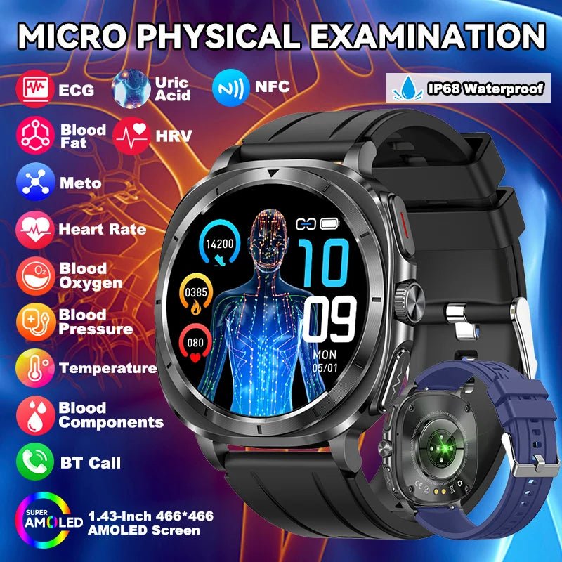 LIGE 2025 New Healthy Blood Fat Uric Acid Smart Watch Men ECG+PPG Micro Physical Examination Body Temperature BT Call Smartwatch - RyglobalEstore