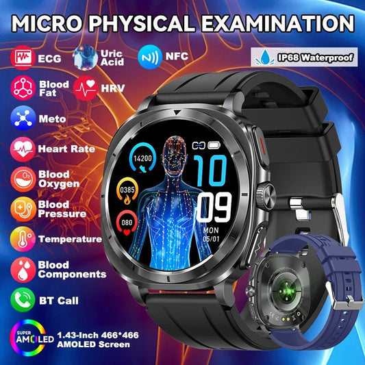 LIGE 2025 New Healthy Blood Fat Uric Acid Smart Watch Men ECG+PPG Micro Physical Examination Body Temperature BT Call Smartwatch - RyglobalEstore