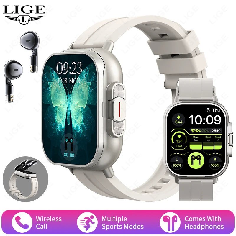 LIGE New 2 In 1 TWS Smart Watch With Earbuds Heart Rate NFC Bluetooth Call Music Play Sports Fitness Earphone Smartwatch Men - RyglobalEstore