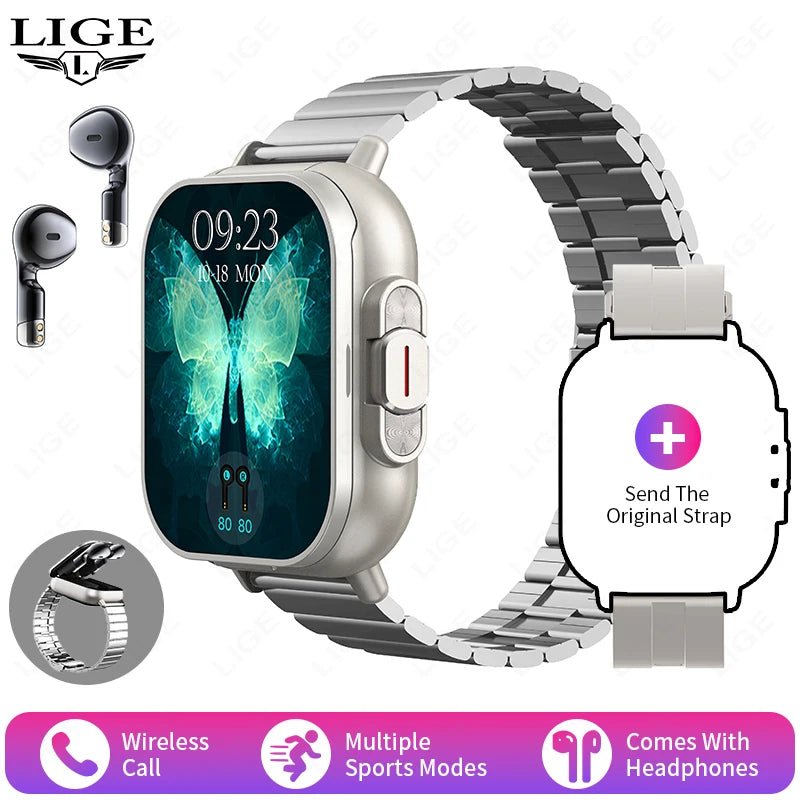 LIGE New 2 In 1 TWS Smart Watch With Earbuds Heart Rate NFC Bluetooth Call Music Play Sports Fitness Earphone Smartwatch Men - RyglobalEstore