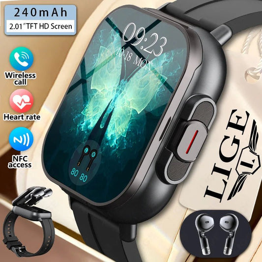 LIGE New 2 In 1 TWS Smart Watch With Earbuds Heart Rate NFC Bluetooth Call Music Play Sports Fitness Earphone Smartwatch Men - RyglobalEstore