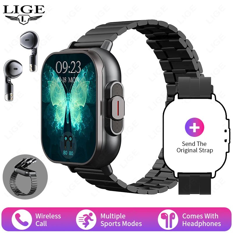 LIGE New 2 In 1 TWS Smart Watch With Earbuds Heart Rate NFC Bluetooth Call Music Play Sports Fitness Earphone Smartwatch Men - RyglobalEstore