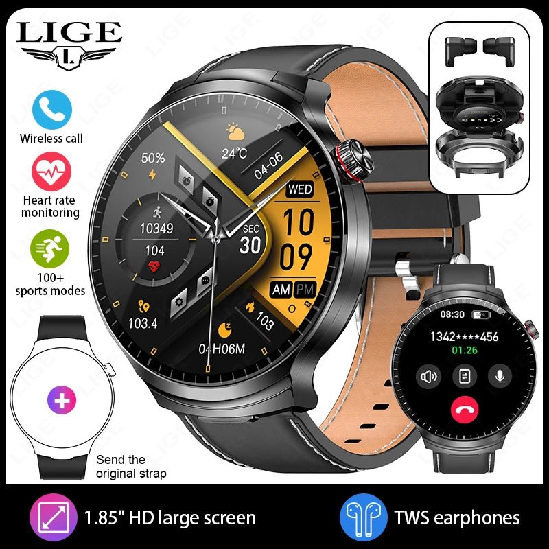 LIGE TWS 2 In 1 Headset Smart Watch 1.85" HD Wireless Bluetooth Calling Health Monitor Sports Fitness Watches With Headphones - RyglobalEstore
