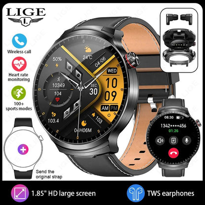 LIGE TWS 2 In 1 Headset Smart Watch 1.85" HD Wireless Bluetooth Calling Health Monitor Sports Fitness Watches With Headphones - RyglobalEstore