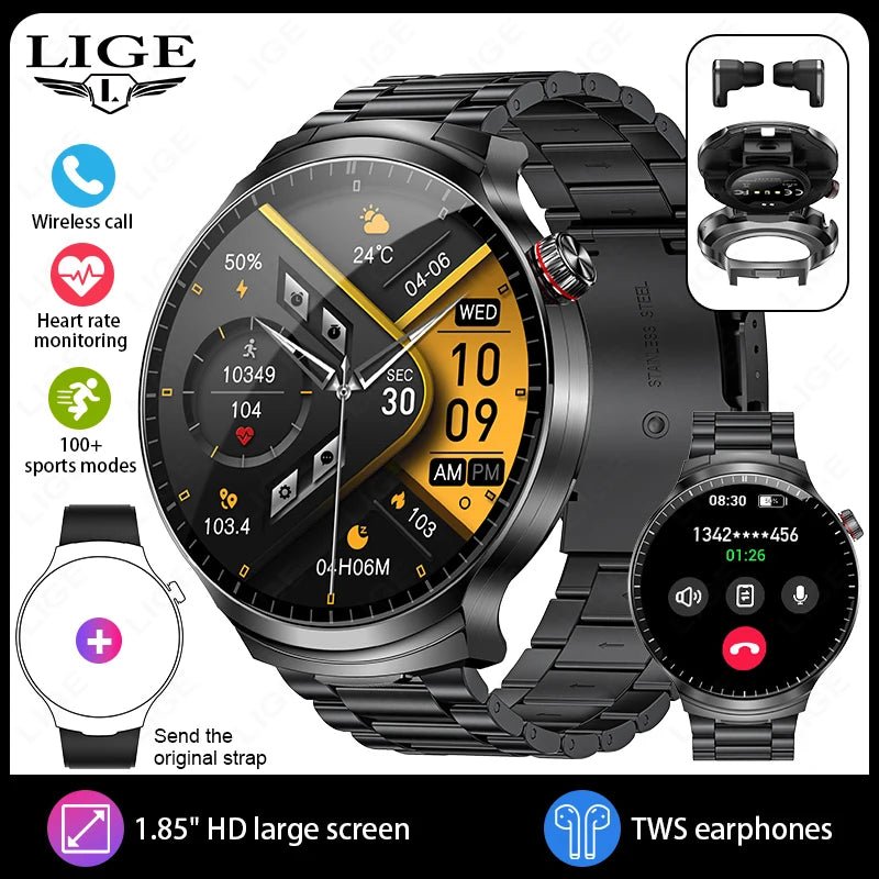 LIGE TWS 2 In 1 Headset Smart Watch 1.85" HD Wireless Bluetooth Calling Health Monitor Sports Fitness Watches With Headphones - RyglobalEstore