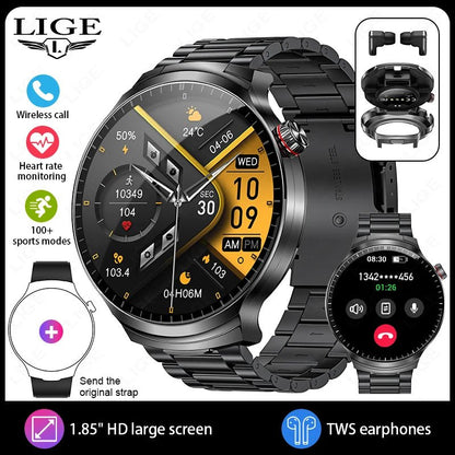 LIGE TWS 2 In 1 Headset Smart Watch 1.85" HD Wireless Bluetooth Calling Health Monitor Sports Fitness Watches With Headphones - RyglobalEstore