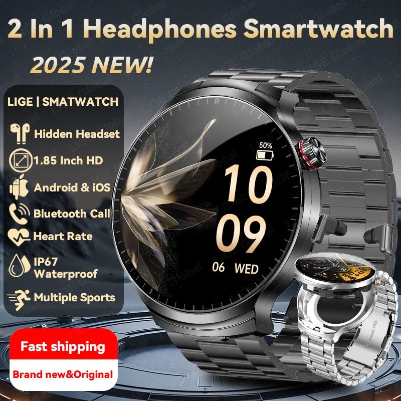 LIGE TWS 2 In 1 Headset Smart Watch 1.85" HD Wireless Bluetooth Calling Health Monitor Sports Fitness Watches With Headphones - RyglobalEstore