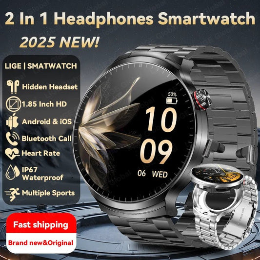 LIGE TWS 2 In 1 Headset Smart Watch 1.85" HD Wireless Bluetooth Calling Health Monitor Sports Fitness Watches With Headphones - RyglobalEstore