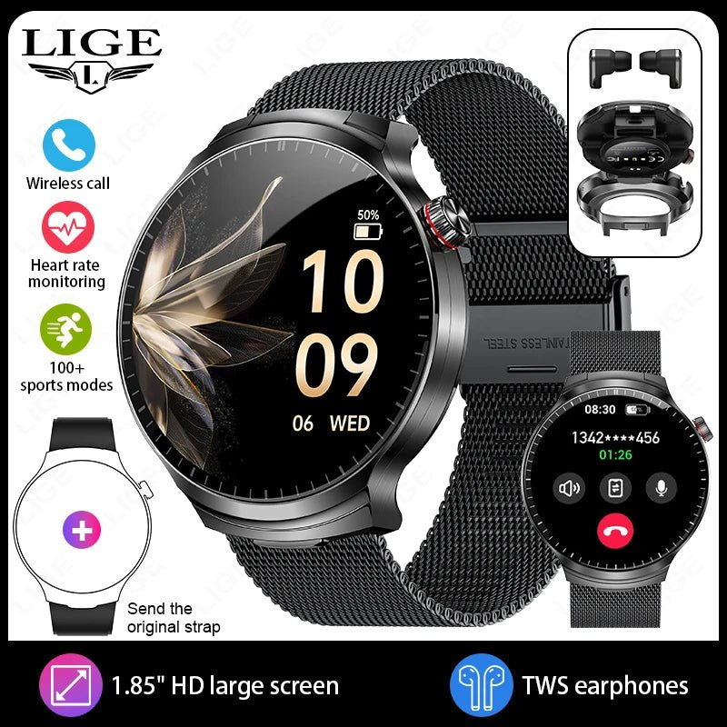 LIGE TWS 2 In 1 Headset Smart Watch 1.85" HD Wireless Bluetooth Calling Health Monitor Sports Fitness Watches With Headphones - RyglobalEstore