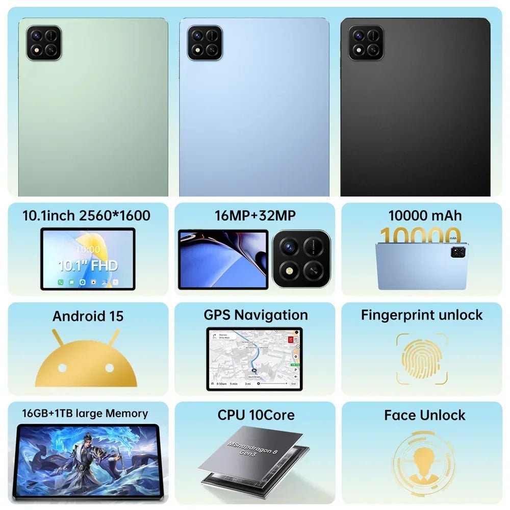 Tab 10.1" Android 15 22GB+2TB 5G Dual SIM Tablet Global Version WIFI Kids Gift Tablet PC - RyglobalEstore